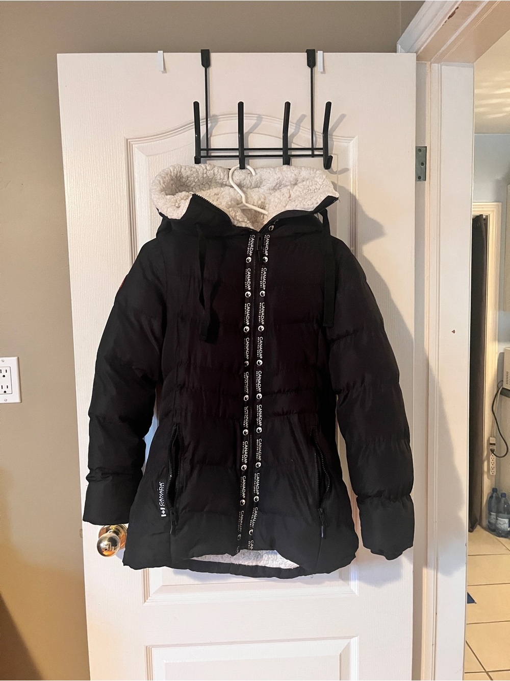 Women’s Black Hooded Puffer Jacket with Sherpa Trim